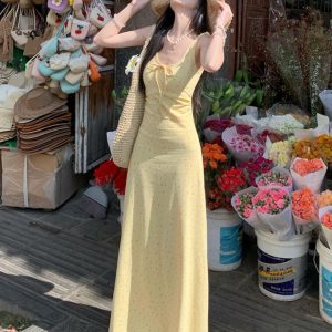 Floral Spaghetti Strap Long Dress with Low Neck and Bow Tie - Women's Gentle Summer Dress, Perfect for Y2K and Bohemian Styles
