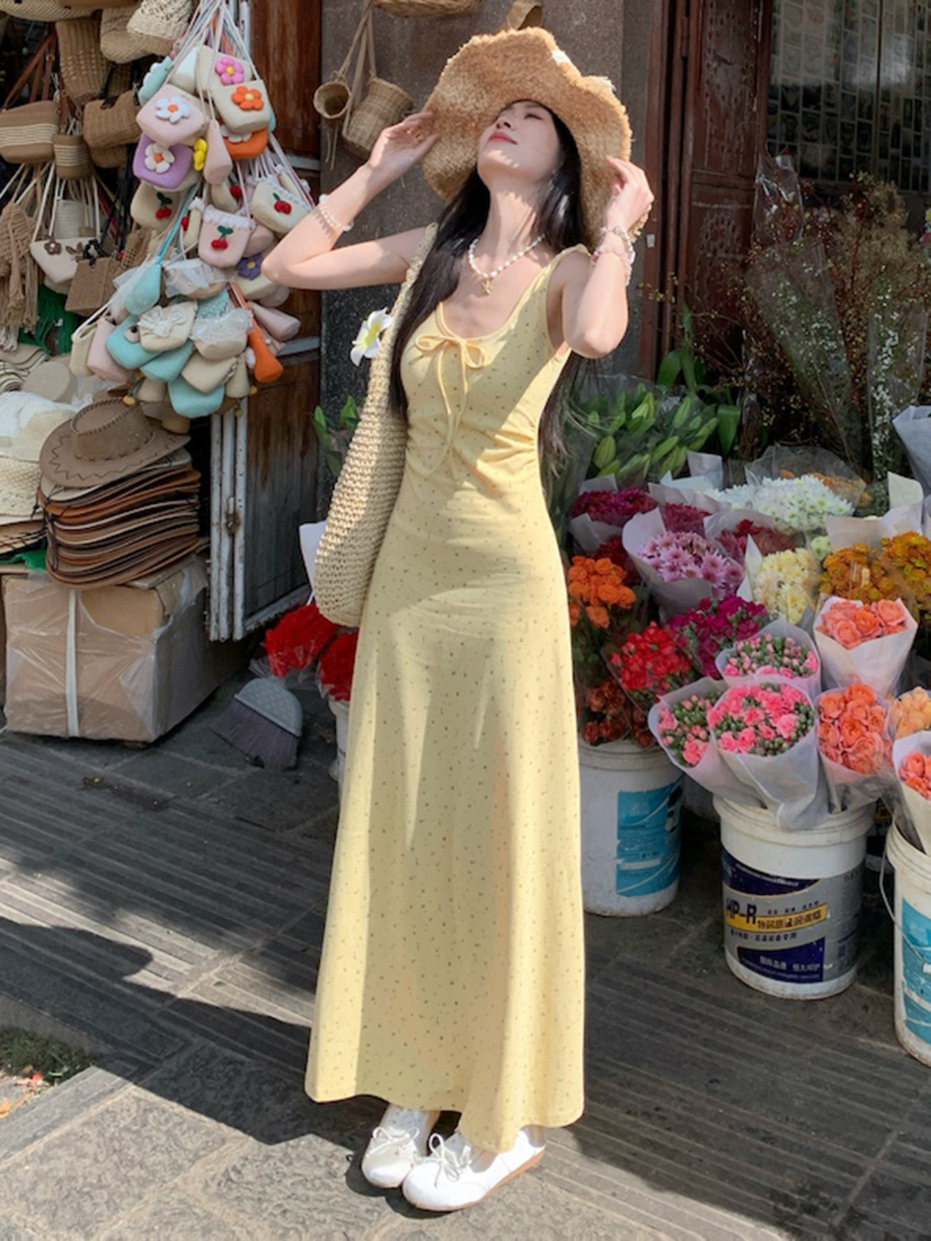 Floral Spaghetti Strap Long Dress with Low Neck and Bow Tie - Women's Gentle Summer Dress, Perfect for Y2K and Bohemian Styles Floral Spaghetti Strap Long Dress with Low Neck and Bow Tie - Women's Gentle Summer Dress, Perfect for Y2K and Bohemian Styles