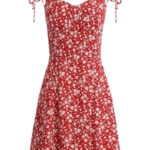 Floral Spaghetti Strap Short Red Dress - French Style Summer Dress 2025 for Women - Vacation Ready Fashion