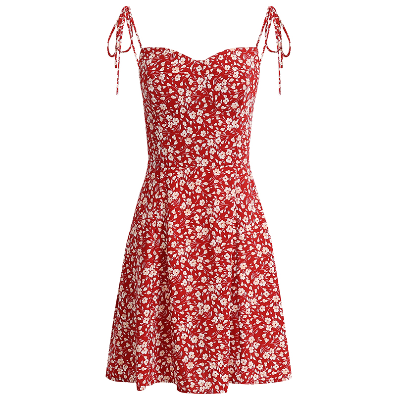 Floral Spaghetti Strap Short Red Dress - French Style Summer Dress 2025 for Women - Vacation Ready Fashion