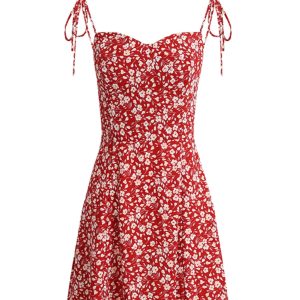 Floral Spaghetti Strap Short Red Dress - French Style Summer Dress 2025 for Women - Vacation Ready Fashion