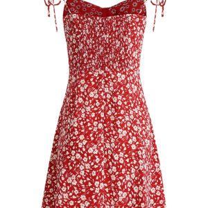 Floral Spaghetti Strap Short Red Dress - French Style Summer Dress 2025 for Women - Vacation Ready Fashion