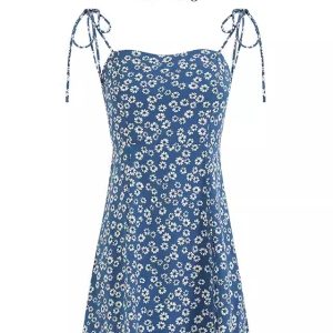 Floral Spaghetti Strap Vacation Mini Dress for Women - Petite Blue 2025 Summer French Style