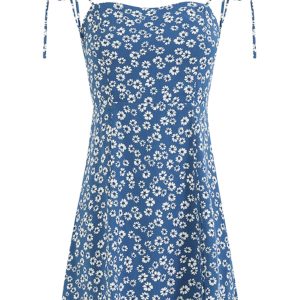Floral Spaghetti Strap Vacation Mini Dress for Women - Petite Blue 2025 Summer French Style