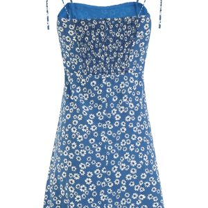 Floral Spaghetti Strap Vacation Mini Dress for Women - Petite Blue 2025 Summer French Style