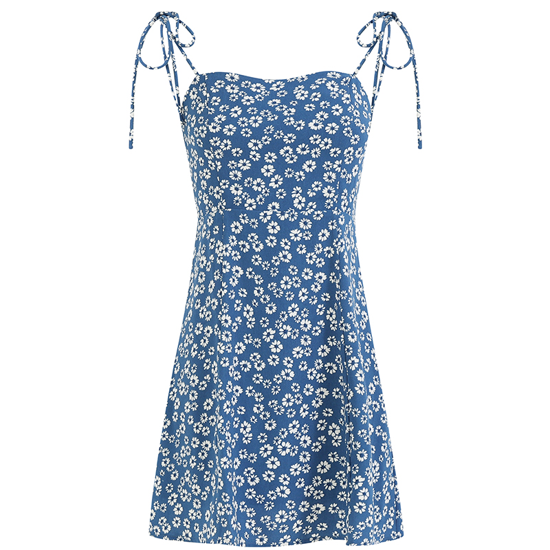 Floral Spaghetti Strap Vacation Mini Dress for Women - Petite Blue 2025 Summer French Style