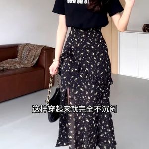 Floral Spliced Two-Piece Dress for Women - Plus Size Slimming Cover-Up, Summer Split Design, Trendy Y2K Style