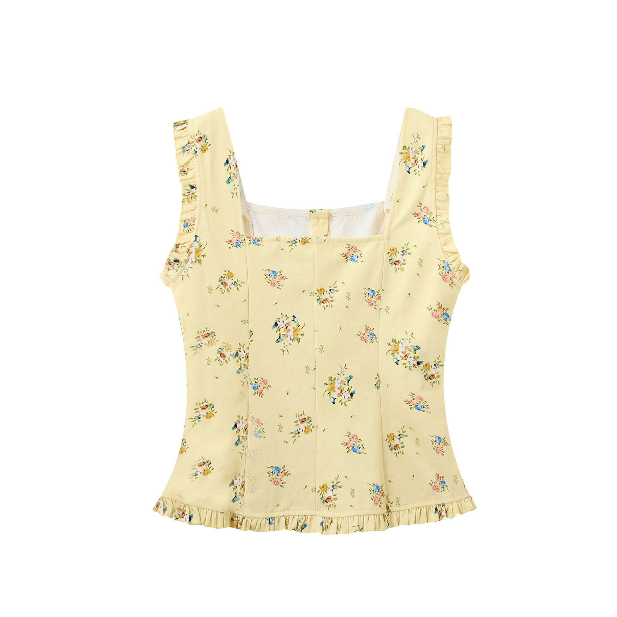 Floral Square Collar Sleeveless Top for Women - Sweet Wind French Style Slim Fit Ruffle Edge Vest for Summer