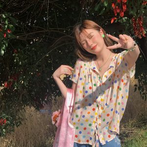 Floral Star Dots Shoulder Cross Strap Short Sleeve Shirt Women's Summer Loose Doll Top - Vintage 90s Style Fashion