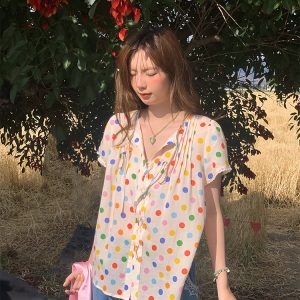 Floral Star Dots Shoulder Cross Strap Short Sleeve Shirt Women's Summer Loose Doll Top - Vintage 90s Style Fashion