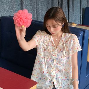 Floral Star Dots Shoulder Cross Strap Short Sleeve Shirt Women's Summer Loose Doll Top - Vintage 90s Style Fashion