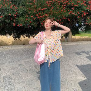 Floral Star Dots Shoulder Cross Strap Short Sleeve Shirt Women's Summer Loose Doll Top - Vintage 90s Style Fashion