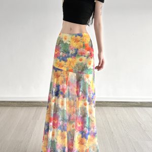 Floral Tulle Midi Skirt for Women - Draped Pleated Fishtail Design, Monet Flower Pavilion Inspired, Perfect for Holidays and Special Occasions