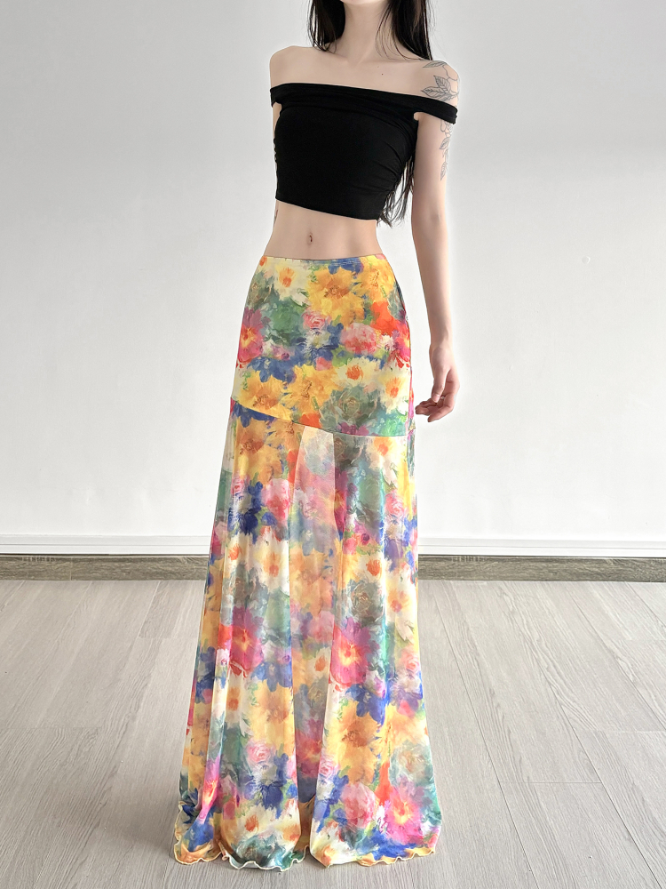 Floral Tulle Midi Skirt for Women - Draped Pleated Fishtail Design, Monet Flower Pavilion Inspired, Perfect for Holidays and Special Occasions Floral Tulle Midi Skirt for Women - Draped Pleated Fishtail Design, Monet Flower Pavilion Inspired, Perfect for Holidays and Special Occasions