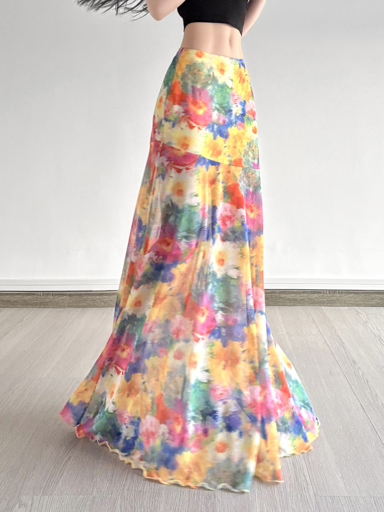 Floral Tulle Midi Skirt for Women - Draped Pleated Fishtail Design, Monet Flower Pavilion Inspired, Perfect for Holidays and Special Occasions Floral Tulle Midi Skirt for Women - Draped Pleated Fishtail Design, Monet Flower Pavilion Inspired, Perfect for Holidays and Special Occasions