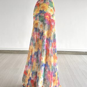 Floral Tulle Midi Skirt for Women - Draped Pleated Fishtail Design, Monet Flower Pavilion Inspired, Perfect for Holidays and Special Occasions