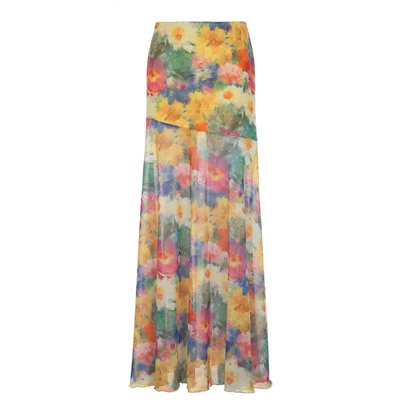 Floral Tulle Midi Skirt for Women - Draped Pleated Fishtail Design, Monet Flower Pavilion Inspired, Perfect for Holidays and Special Occasions