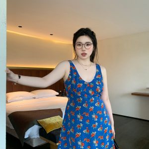 Florence Blue Vintage Floral Sleeveless Dress with V-Neck and Organza Waist-Defined Design - Perfect for 90s and Y2K Style Events