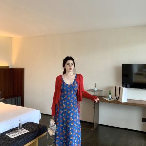 Florence Blue Vintage Floral Sleeveless Dress with V-Neck and Organza Waist-Defined Design - Perfect for 90s and Y2K Style Events