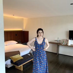 Florence Blue Vintage Floral Sleeveless Dress with V-Neck and Organza Waist-Defined Design - Perfect for 90s and Y2K Style Events