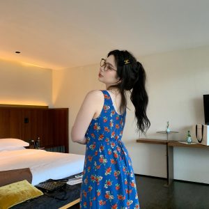 Florence Blue Vintage Floral Sleeveless Dress with V-Neck and Organza Waist-Defined Design - Perfect for 90s and Y2K Style Events