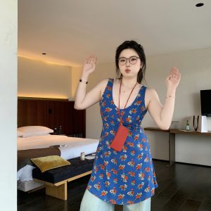 Florence Blue Vintage Floral Sleeveless Dress with V-Neck and Organza Waist-Defined Design - Perfect for 90s and Y2K Style Events