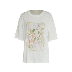 Flower Wish Berry Print White Linen Bamboo Short Sleeve T-Shirt for Women - Summer Loose Fit Vintage Style Top