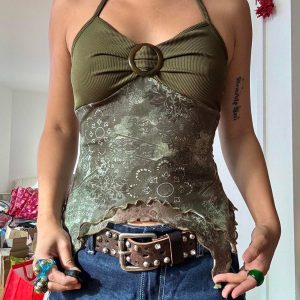 Forest Element Women's Backless Slim Top with Ruffled Edge, Round Neck, Spliced Strap Design - Trendy Niche Fashion