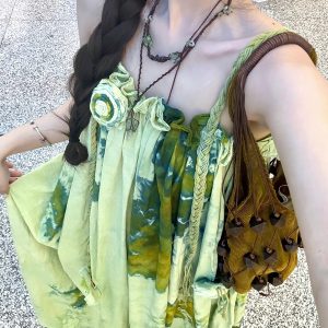 Forest Fairy Watercolor Gradient Printed Vest Dress with 3D Flower Woven Straps - Boho Vacation Style, Summer Fashion