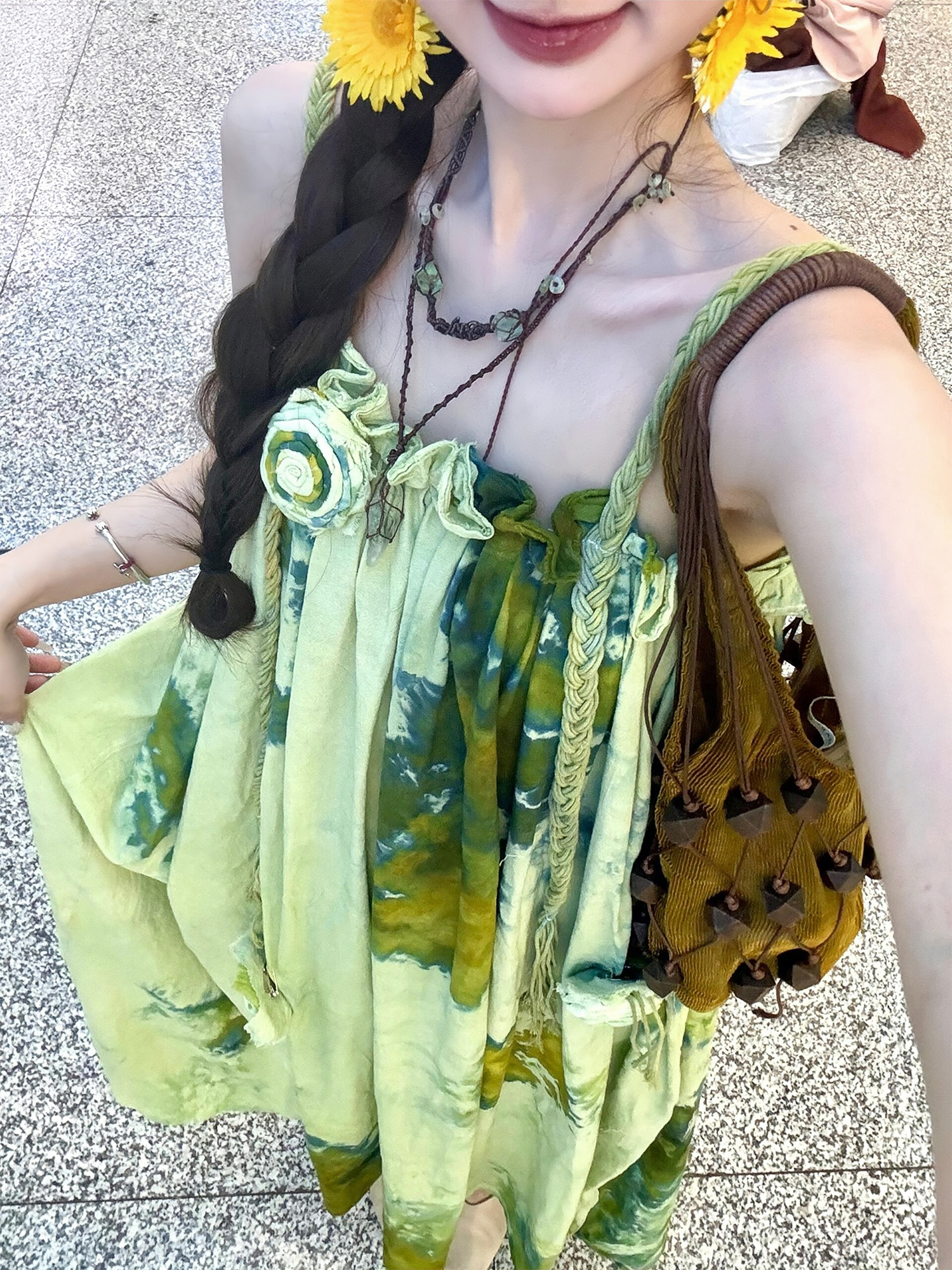 Forest Fairy Watercolor Gradient Printed Vest Dress with 3D Flower Woven Straps - Boho Vacation Style, Summer Fashion Forest Fairy Watercolor Gradient Printed Vest Dress with 3D Flower Woven Straps - Boho Vacation Style, Summer Fashion