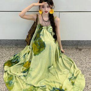 Forest Fairy Watercolor Gradient Printed Vest Dress with 3D Flower Woven Straps - Boho Vacation Style, Summer Fashion