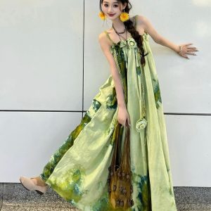 Forest Fairy Watercolor Gradient Printed Vest Dress with 3D Flower Woven Straps - Boho Vacation Style, Summer Fashion