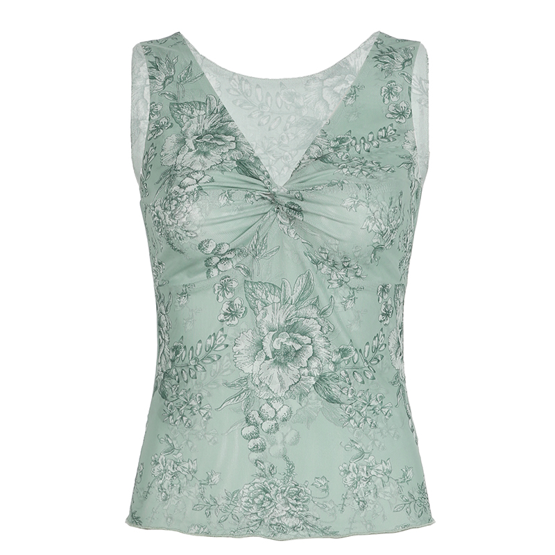 Forest Style Floral Knotted Vest for Women - Slim Fit Wide Shoulder Strap Mesh Camisole - Summer 90s Inspired Fashion