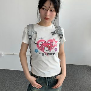 Forget Love Y2K Cartoon Graphic Slim-Fit White T-Shirt for Women - Casual Short Sleeve Tee