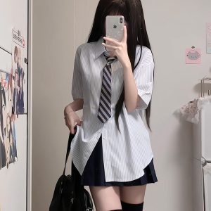 Four-Piece JK Uniform Set for Women: Striped Long Sleeve Shirt, Loose Fit, Pleated Skirt - Trendy 2024 Autumn Style