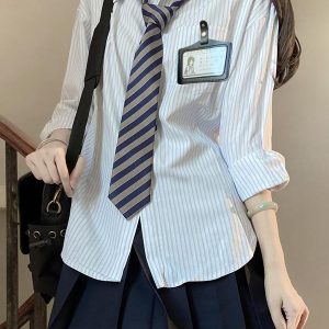 Four-Piece JK Uniform Set for Women: Striped Long Sleeve Shirt, Loose Fit, Pleated Skirt - Trendy 2024 Autumn Style