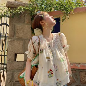 Fragrant Grass Flower Embroidered Shirt Dress for Women - Retro Ramie Summer Dress with Loose Puff Sleeves