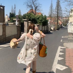 Fragrant Grass Flower Embroidered Shirt Dress for Women - Retro Ramie Summer Dress with Loose Puff Sleeves