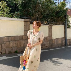 Fragrant Grass Flower Embroidered Shirt Dress for Women - Retro Ramie Summer Dress with Loose Puff Sleeves