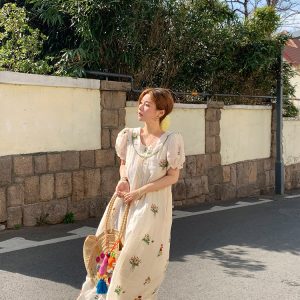 Fragrant Grass Flower Embroidered Shirt Dress for Women - Retro Ramie Summer Dress with Loose Puff Sleeves