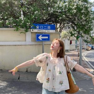 Fragrant Grass Flower Embroidered Shirt Dress for Women - Retro Ramie Summer Dress with Loose Puff Sleeves