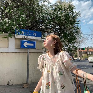 Fragrant Grass Flower Embroidered Shirt Dress for Women - Retro Ramie Summer Dress with Loose Puff Sleeves