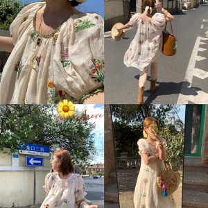Fragrant Grass Flower Embroidered Shirt Dress for Women - Retro Ramie Summer Dress with Loose Puff Sleeves