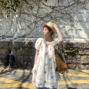 Fragrant Grass Flower Embroidered Shirt Dress for Women - Retro Ramie Summer Dress with Loose Puff Sleeves