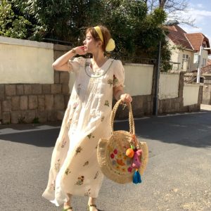 Fragrant Grass Flower Embroidered Shirt Dress for Women - Retro Ramie Summer Dress with Loose Puff Sleeves