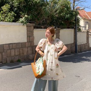 Fragrant Grass Flower Embroidered Shirt Dress for Women - Retro Ramie Summer Dress with Loose Puff Sleeves