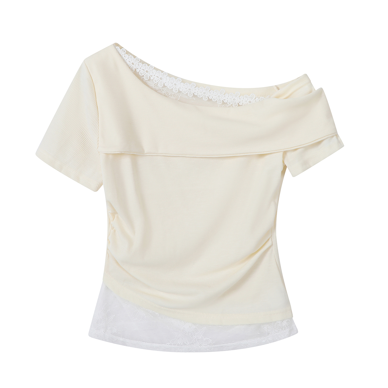 Fragrant Taro Purple Women's Summer Short Sleeve Top with Lace Trim - Irregular Waist Faux Two-Piece T-Shirt, Y2K Style Fragrant Taro Purple Women's Summer Short Sleeve Top with Lace Trim - Irregular Waist Faux Two-Piece T-Shirt, Y2K Style