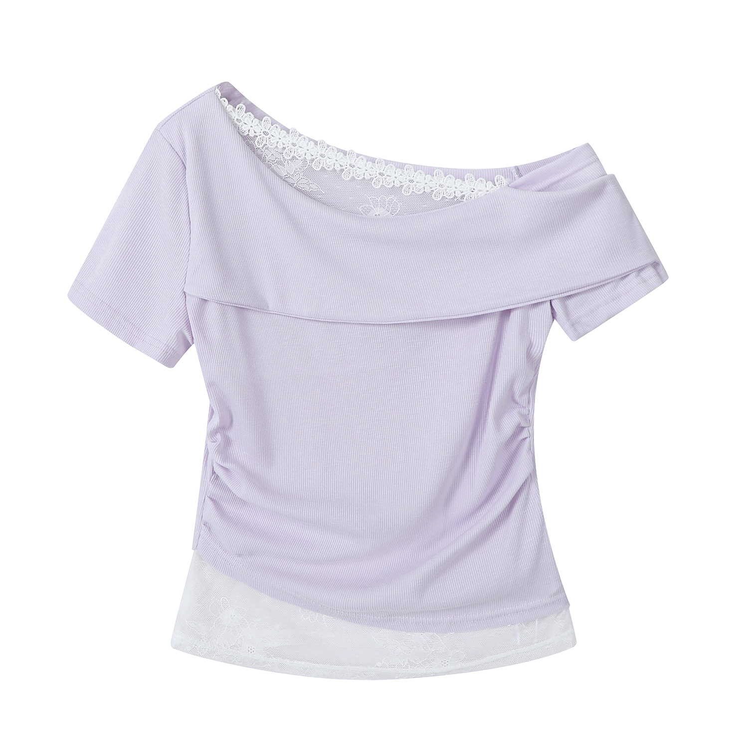Fragrant Taro Purple Women's Summer Short Sleeve Top with Lace Trim - Irregular Waist Faux Two-Piece T-Shirt, Y2K Style