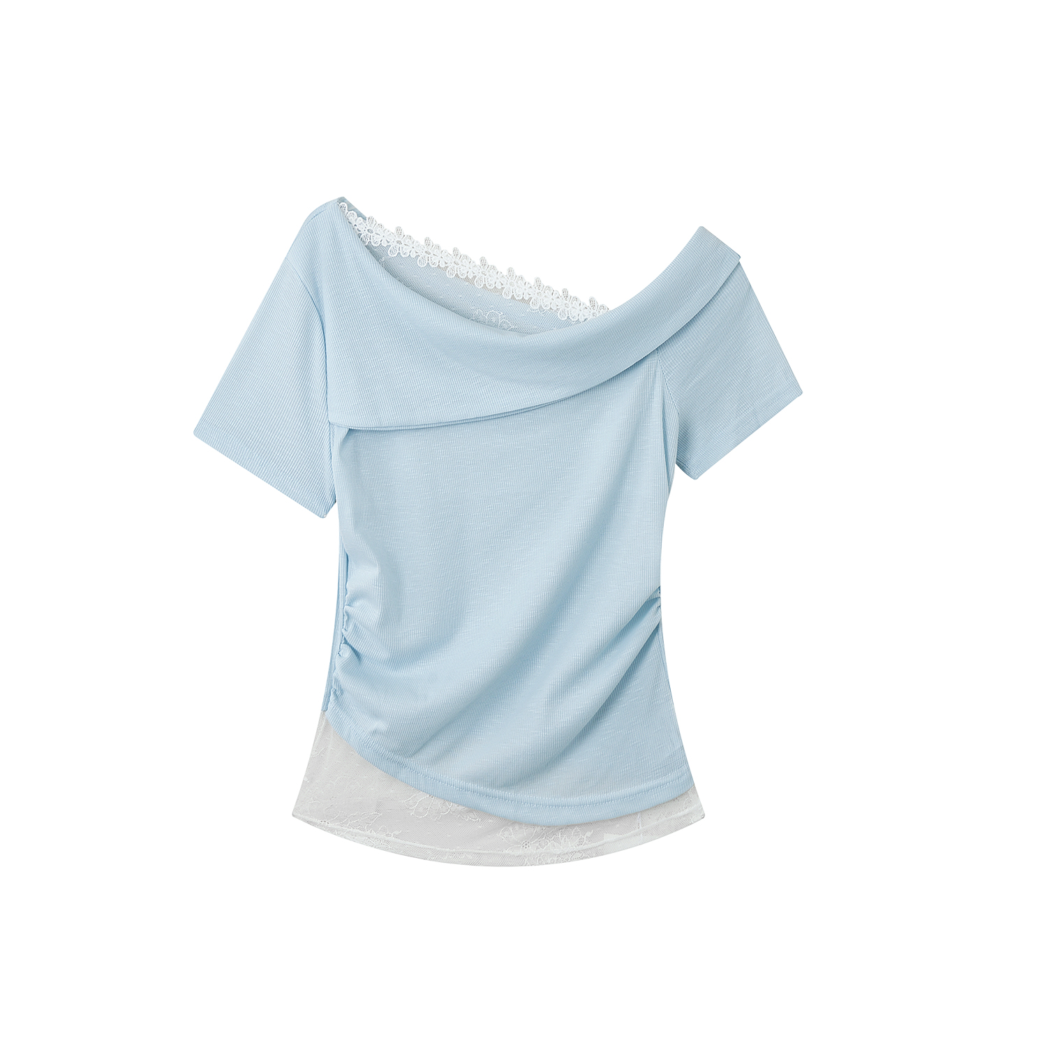 Fragrant Taro Purple Women's Summer Short Sleeve Top with Lace Trim - Irregular Waist Faux Two-Piece T-Shirt, Y2K Style Fragrant Taro Purple Women's Summer Short Sleeve Top with Lace Trim - Irregular Waist Faux Two-Piece T-Shirt, Y2K Style