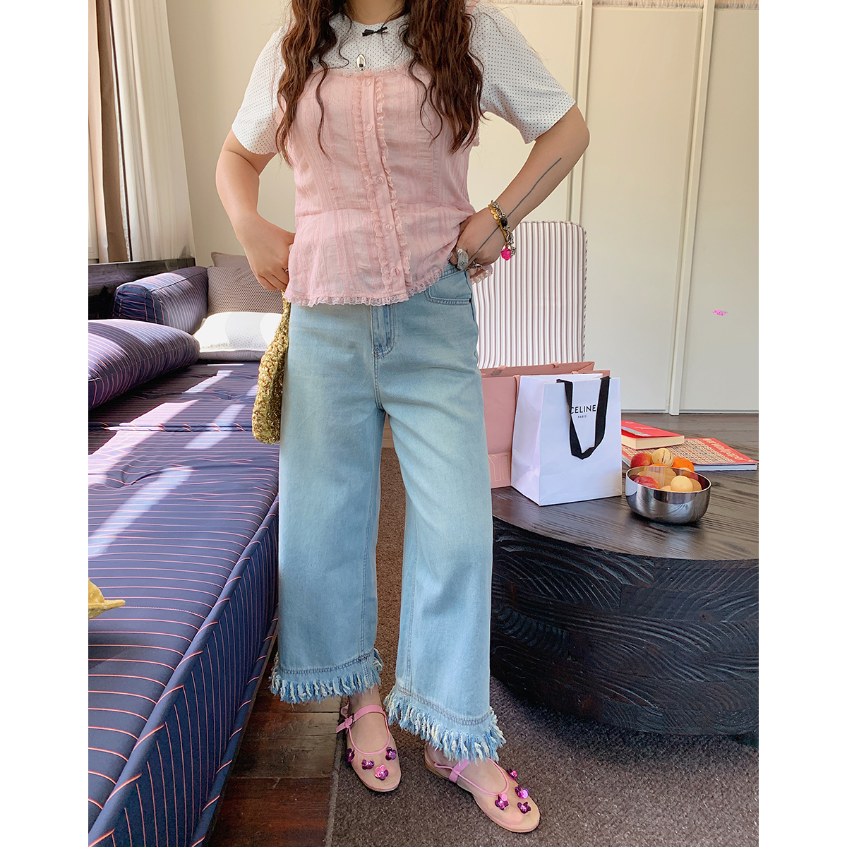 Frayed Denim Cropped Pants for Women – Plus Size Slimming Loose Wide Leg Summer 2025 Fashion